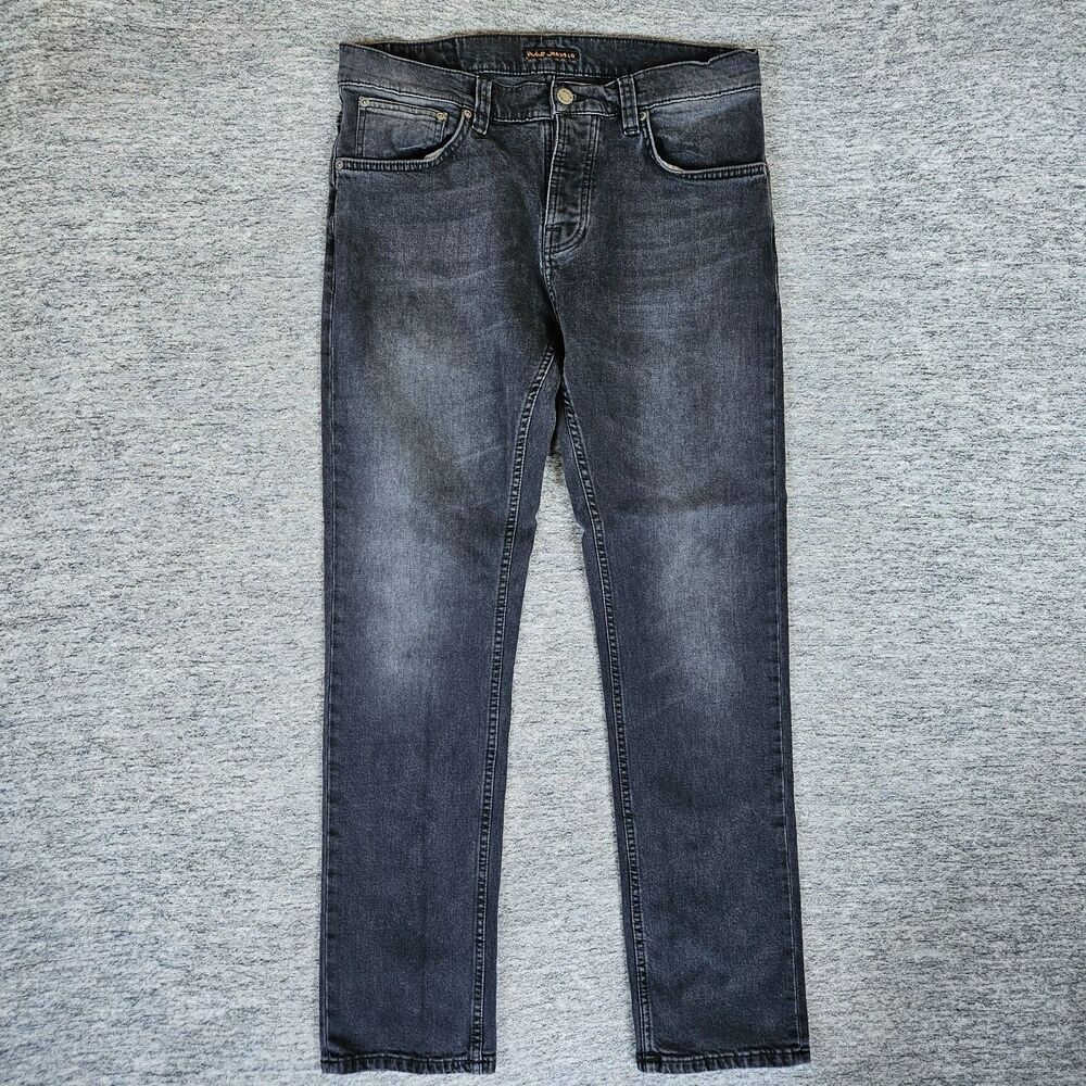 Nudie Jeans Grim Tim Dark Cove Black Slim Fit Jeans Mens Size W33 L32 Button Fly